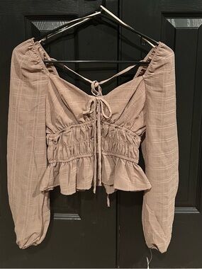 Dizzy lizzy brown Smocked Peplum Long Sleeve Blouse